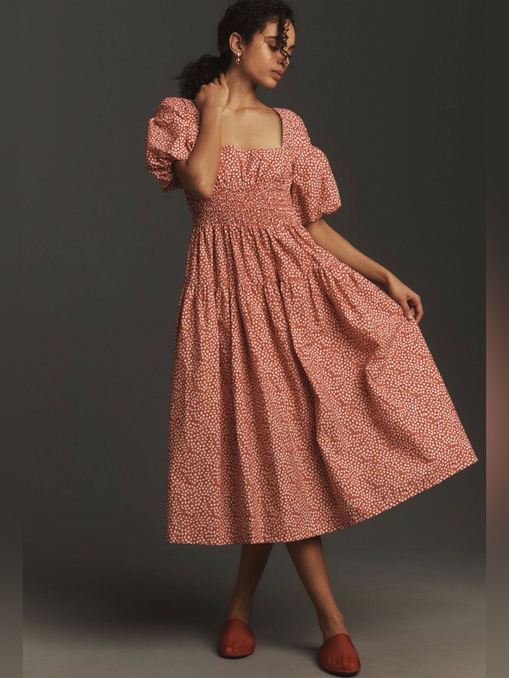 NWT By Anthropologie Puff Sleeve Smocked Poplin Midi Dress M Milkmaid Coquette